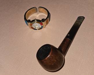 Women's Multicolored Wincci Studio Japan Watch Stainless Steel & Vtg. Briar Tobacco Smoking Pipe 