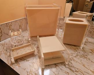 Vtg. MCM Lucite/Acrylic Cream & Clear Tissue Holder, Trash Waste Basket, Toothbrush Holder, Soap/Sponge Dish, & Napkin Dispenser - 5 Pieces