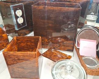 Vtg. MCM Lucite/Acrylic Brown Tissue Box Holder, Trash Waste Basket, & Soap Dish Sponge Holder Pedestal Tray - Set of 3