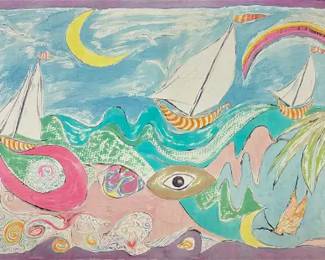 Marilyn Morris Surrealist Sailboats Silk Framed Painting #4
