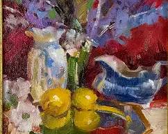 Mary Beth Schwark "Blue Willows & Lemons" Oil on Board Still Life Painting
