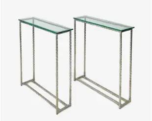 Pair Brutalist Glass and Hammered Metal Tall Side Tables
