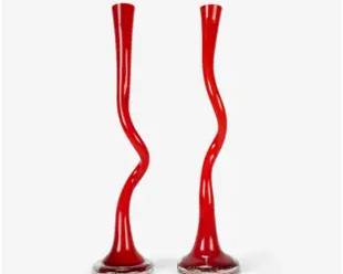 Venini Italian Murano Red Art Glass 20" Twist Vase PAIR
