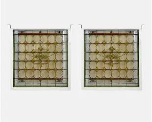 Antique Stained Glass Cathedral Window Pair
