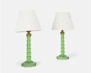 Pair Art Deco Tea Room Indiana Glass Co. "Uranium" Green Depression Glass Lamps
