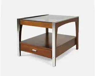 Mid Century Modern Walnut Chrome & Smoked Glass Side End Table
