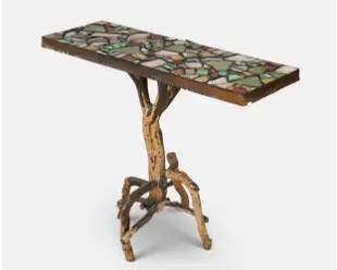 Antique Adirondack Rustic Root Wood Picassiette Top Side Table
