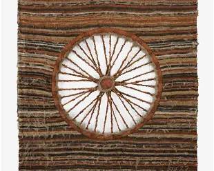 Artist Signed 1977 "Spinning Wheel" MCM Fiber Art Wall Hanging Textile Tapestry
