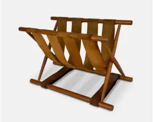 Brostrom Danish Modern Leather Strap MCM Teak Wood Magazine Rack
