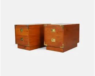 Pair Henredon Campaign Style Side End Table Chests w/Glass Tops

