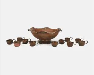 Mission Arts and Crafts Hand-Hammered Copper Punch Bowl with Eleven Cups
