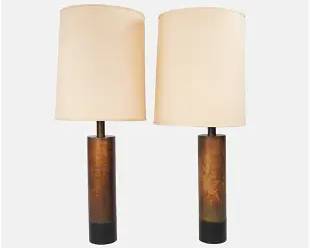 Pair Vintage 1970s Brass and Leather MCM Table Lamps by Laurel Lamp Co H-890
