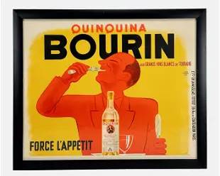 Large Original Jacques Bellenger "Yellow Half" Bourin Quinquina Framed Liqueur Advertising Poster
