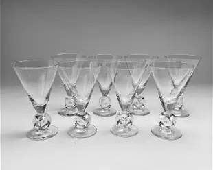 Eight Square Bubble Stem Tall Martini Glasses Manner of Kosta Boda

