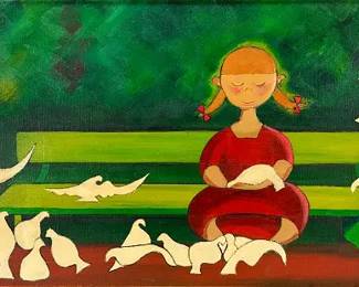 Xavier Cugat "Park Bench Doves" 1967 Oil on Canvas Framed Painting

