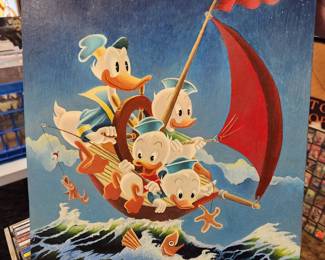 Original by John Garvin - A newly discovered Garvin. No frame. Garvin has been cartooning and drawing his entire life.
He began painting in 1977 when he discovered the fine-art cartoon paintings of Carl Barks.
In the 1980s he was able to learn painting technique directly from Barks himself and
has now been painting for over 40 years.