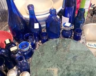Cobalt blue bottles. Marble lazy suzanne