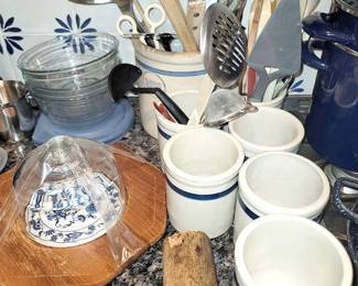 Kitchen utensils. small crocks. Antique meet tenderizer