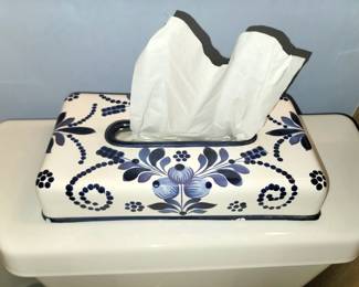 Blue and white tissue box