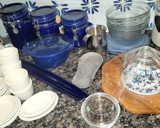 Blue ceramic canisters. Blue casserole dish. Blue Danube Cheese server
