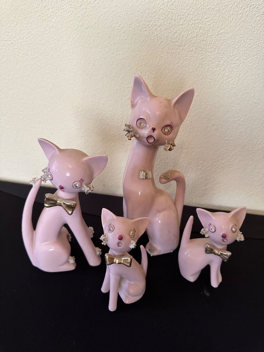 Vintage Pink porcelain Thames Spaghetti Rhinestone Cat Figurines