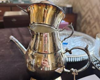 Silverplate Tea Serving Tower with Teapot, Creamer, and Lidded Sugar Bowl with Spoon