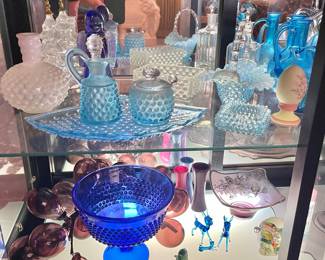-Fenton Hobnail pale pink iridescent moonglow bottle (no stopper) 7"
-Fenton Ice Blue opalescent hobnail basket, applied bamboo handle 8"
- Fenton Glass Moonglow Hobnail Soap Dish
4.5" • 2"
- Fenton Ice Blue Opalescent Hobnail Glass Cruet & Condiment Jar with spoon
- Fenton Hobnail square salt cellar 
- LE SMITH Cobalt Hobnail Footed Candy Compote Dish 7"
- Fenton Custard Uranium glass satin egg 
- Fenton 6" Blue Aurene Angel with frit wings and dove 
- FENTON Clear Iridescent Tree with Gold Accent Angel. 6.5" 1994 