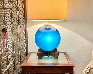 Large Gorgeous Blue Blown Glass lamp with Mandarin Walnut base and collar... this is also its Original Shade. Alternating 2 bulbs on a 3 way switch.