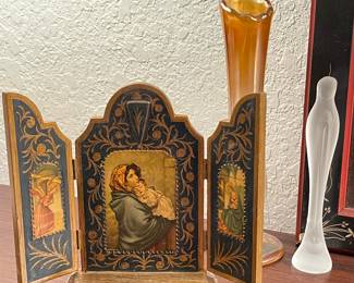 Vintage Gilt Wood Triptych 
Satin Glass Madonna 
Carnival Swung glass bud vase 