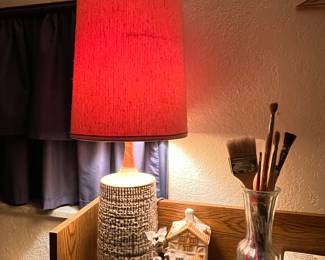 Fab Vintage Pottery lamp with original tall cylindrical fabric shade. 