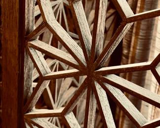 Detail pic, 1960s Kumiko Teak room divider
Overall- 70.5"tall • 108"long 
Panels- 70.5"tall • 18"wide