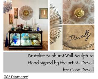 Brutalist Sunburst Wall Sculpture
Hand Signed, Devall
for Case Devall
32" diameter 