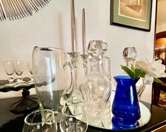 -"YOU" "ME" double etched engraving on these fab Mid Century Rolly Polly glasses
-Hoya Crystal hand blown decanters with a large set of matching stemware in their original boxes. 