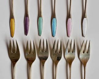 Vintage Frigast Denmark Gold Wash Sterling Guilloshe Enamel Demitasse Spoons And Forks (set Of 12)
Lot #: 29