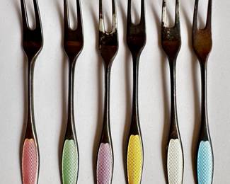 Vintage Frigast Denmark Gold Wash Sterling Guilloshe Enamel Demitasse Spoons And Forks (set Of 12)
Lot #: 29