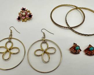 Copper & Turquoise Earrings, Vintage Brooch Pin, 2 Bangle Bracelets & Large Earrings
Lot #: 130