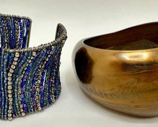 2 Bracelets: Beaded Cuff & Large Gold Painted Wooden Bangel
Lot #: 88