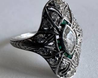 Antique Diamond & Emerald Filligre Ring, Size 5.25, Unmarked
Lot #: 14