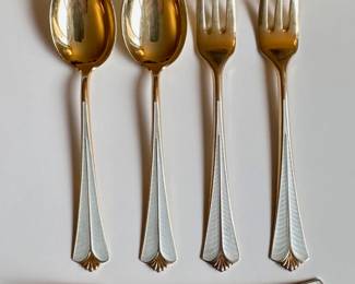 Vintage 1950s David Andersen Norway Radhus Gold Wash Sterling Guilloshe Enamel Teaspoons & Forks , Set Of 12
Lot #: 9