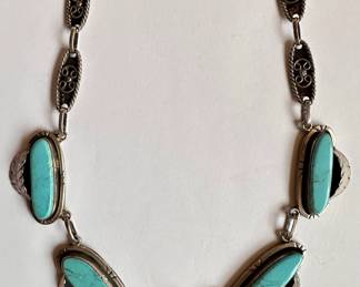 Vintage Massive Mexico Ornate 925 Sterling Silver & Turquoise Inlaid Necklace
Lot #: 24