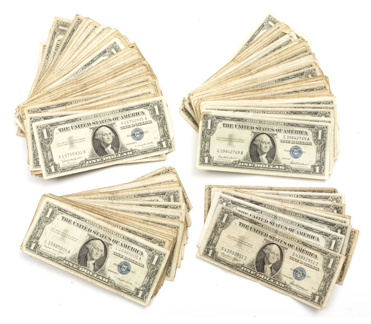 291 US One Dollar Silver Certificates 1 - 1934, 8 - 1935, 283 - 1957. 292 pcs