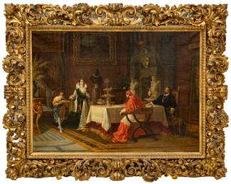 Enrico Fanfani (Italian, 1824-1885) Oil on Canvas, "Henry II, Catherine De Medici And Pope Clement VII", H 34" W 46"