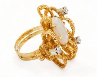 Opal And Diamond 18K Ring, Size 6.5, Italy Ca. 1960, 17.3g