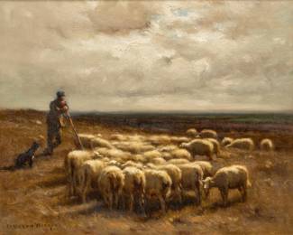 John Carleton Wiggins (American, 1848-32) Oil on Canvas "Sheep on the Holland Moors", H 15" W 19"