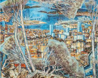Edouard-Georges Mac-Avoy (French, 1905-1991) Oil on Canvas, 1966, "The Port of Toulon, France", H 69" W 81"