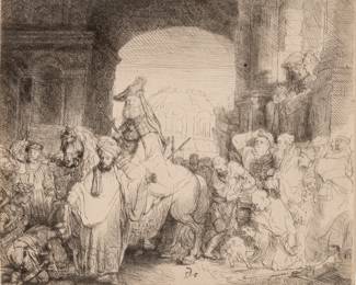 Rembrandt Van Rijn (Dutch, 1606-1669) Etching And Drypoint on Watermarked Laid Paper, 1641, "The Triumph of Mordecai", H 6.93" W 8.31"