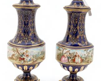 Sevres (Est. 1756) (French) Louis XVI Period Ormolu Mounted Porcelain Covered Vases 1779, H 21.5" Dia. 7.5"
