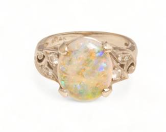 Opal, Diamond, 14K White Gold Ring, Size 6.5 Ca. 1950, 5.1g