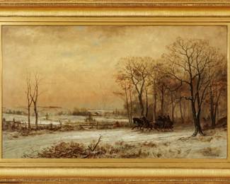 James Brade Sword (American, 1839-1915) Oil on Canvas, Ca. 1880, "The Sleigh Ride", H 30" W 50"
