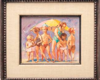 Jon Corbino (American, 1905-1964) Oil on Canvas, "Children - Beach Scene", H 8.25" W 10.25"
